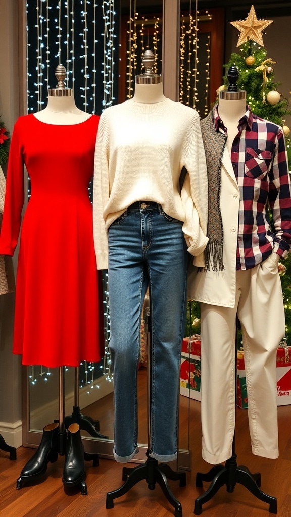 A display of various Christmas outfits including a red dress, cozy sweater, winter white outfit, and plaid shirt.